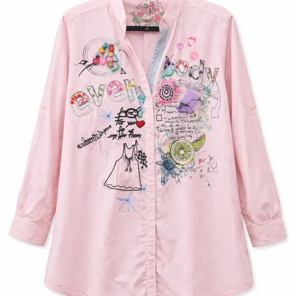 Desigual Embroidered Beaded Graphic Button Up Shirt XXL - Picture 1 of 7